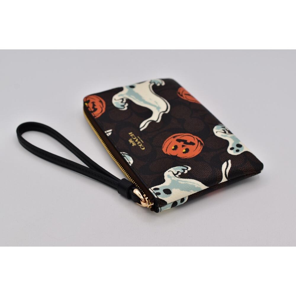 Coach Corner Zip Wristlet In Signature Canvas With Halloween Print Walnut Ghost - Picture 9 of 16